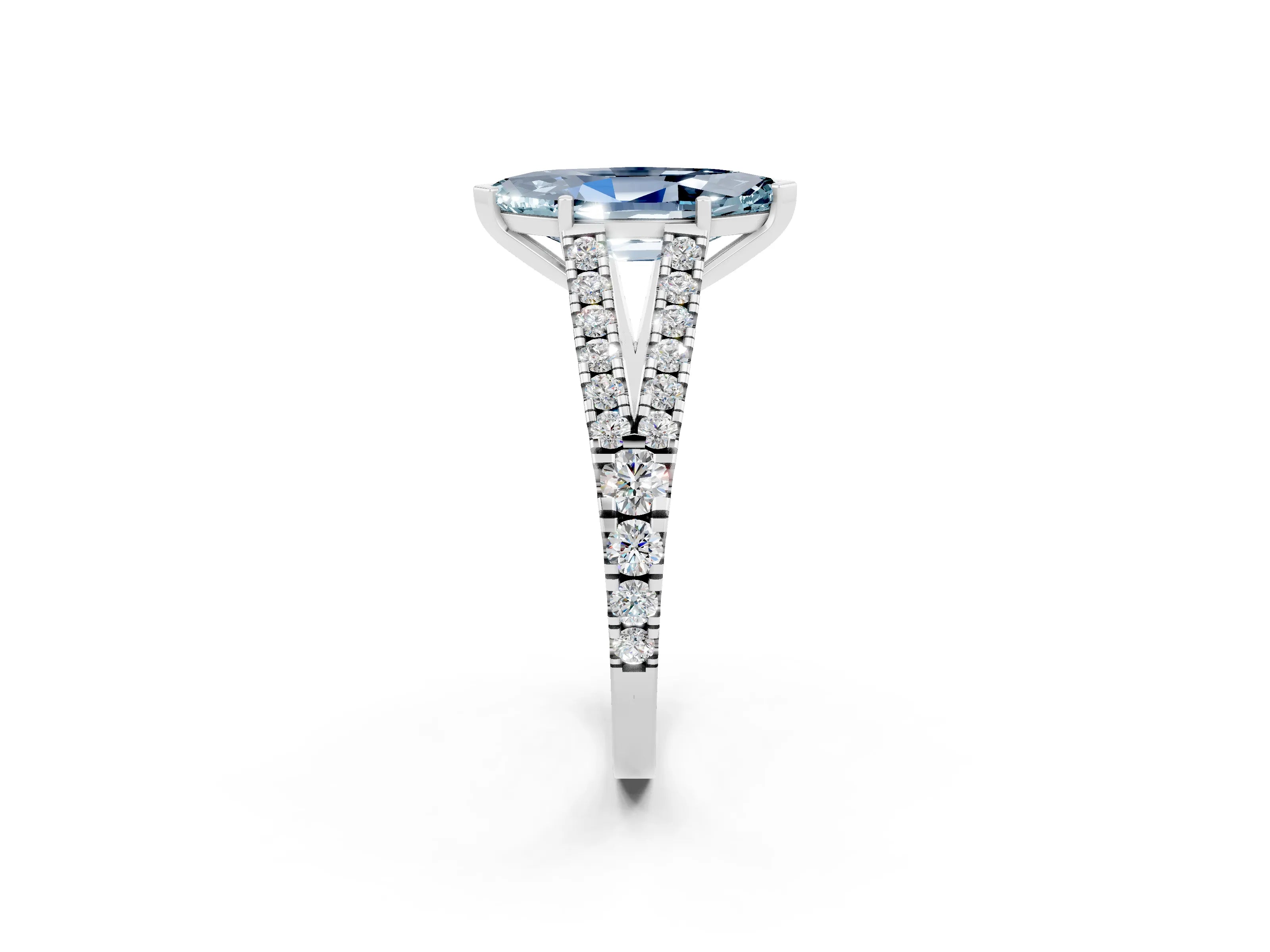 White gold Marquise Cut Aquamarine Split Shank Pavé Engagement Ring with Four-Prong Setting_14