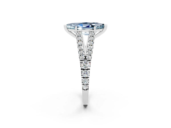 Silver Marquise Cut Aquamarine Split Shank Pavé Engagement Ring with Four-Prong Setting