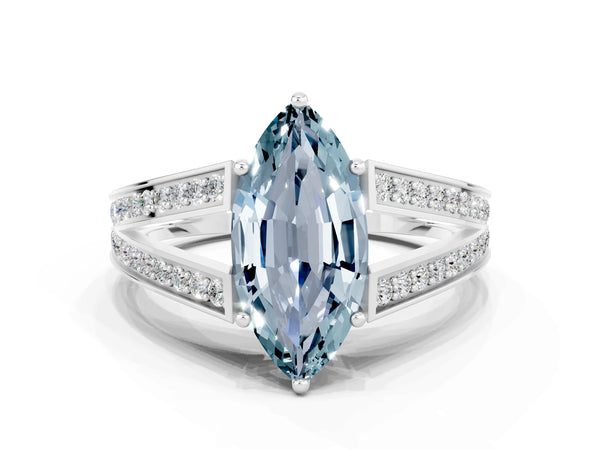 Platinum Marquise Cut Aquamarine Split Shank Ring with Pavé Band and Four-Prong Setting
