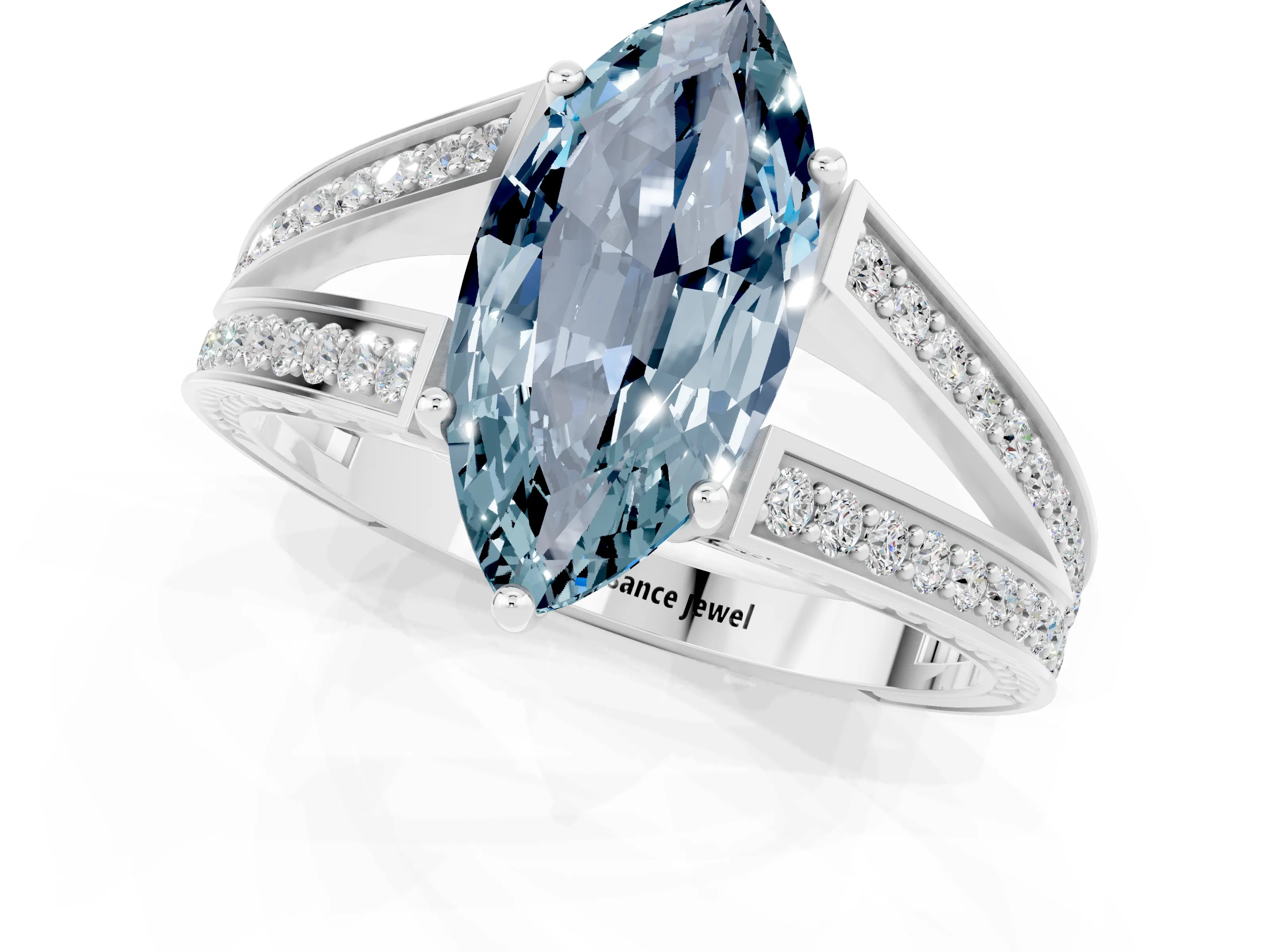 White gold Marquise Cut Aquamarine Split Shank Ring with Pavé Band and Four-Prong Setting_1