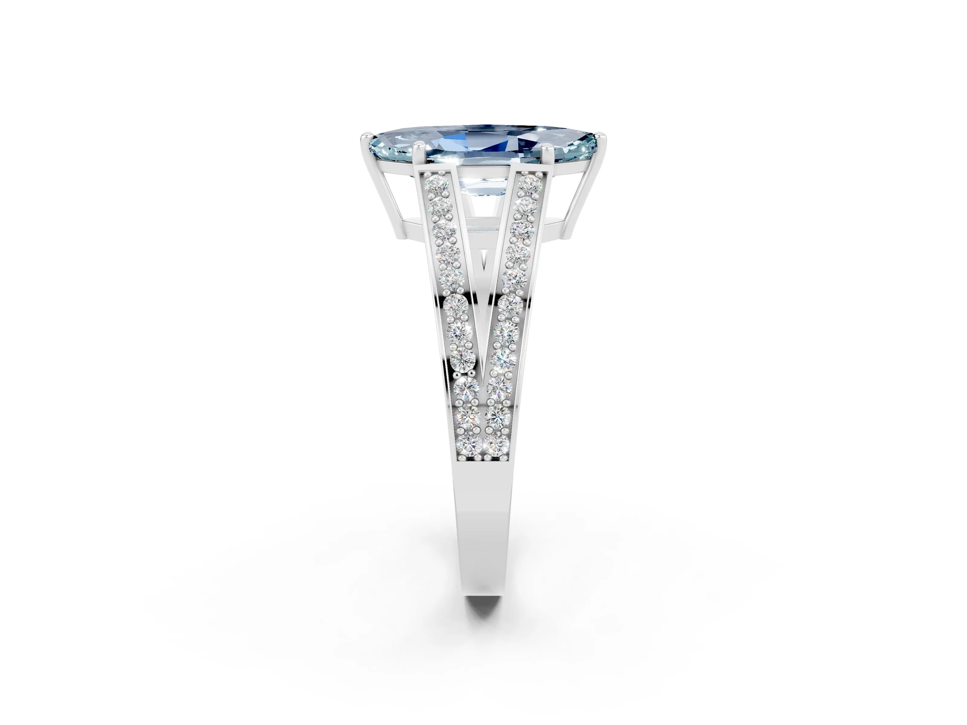 White gold Marquise Cut Aquamarine Split Shank Ring with Pavé Band and Four-Prong Setting_2