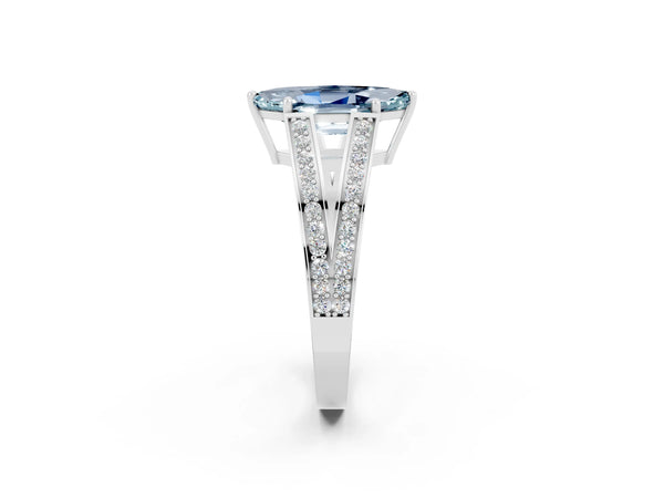 White gold Marquise Cut Aquamarine Split Shank Ring with Pavé Band and Four-Prong Setting