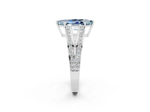 White gold Marquise Cut Aquamarine Split Shank Ring with Pavé Band and Four-Prong Setting_2