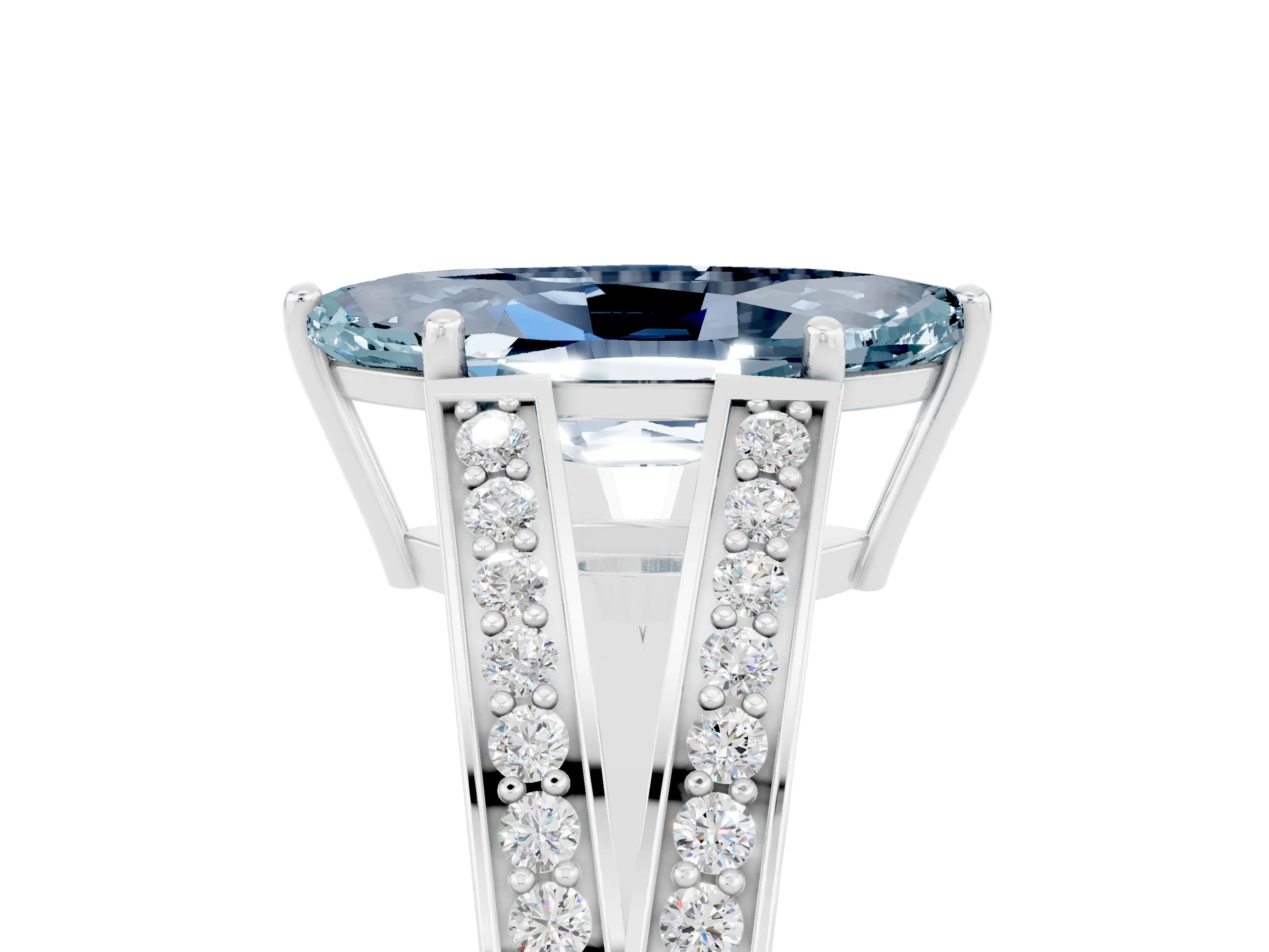 White gold Marquise Cut Aquamarine Split Shank Ring with Pavé Band and Four-Prong Setting_5