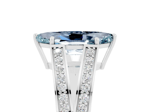 White gold Marquise Cut Aquamarine Split Shank Ring with Pavé Band and Four-Prong Setting_5