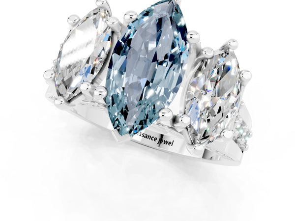 White gold Marquise Cut Aquamarine Three-Stone Ring with Channel Set Band and Four-Prong Setting