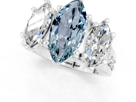 White gold Marquise Cut Aquamarine Three-Stone Ring with Channel Set Band and Four-Prong Setting_1