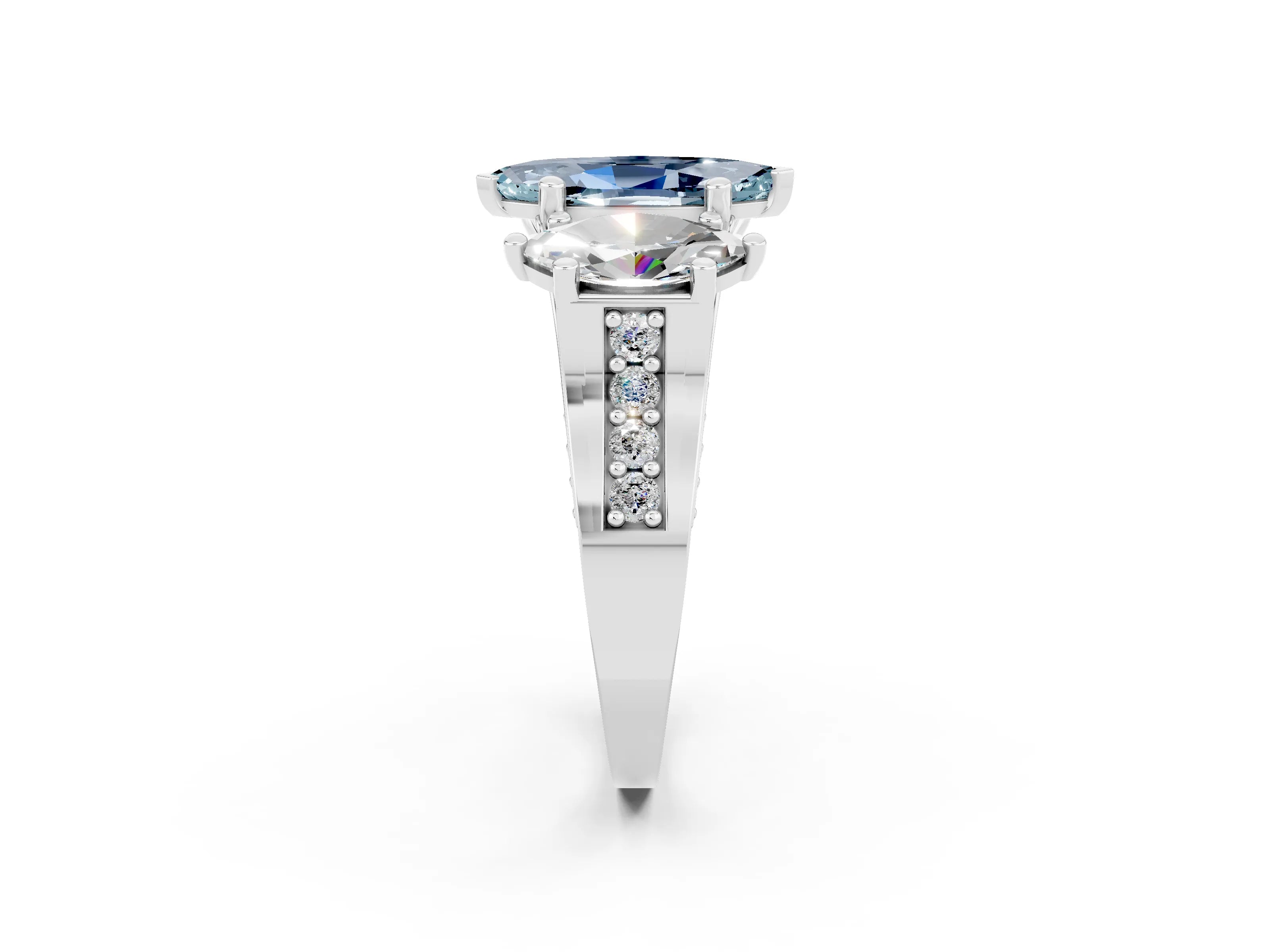 White gold Marquise Cut Aquamarine Three-Stone Ring with Channel Set Band and Four-Prong Setting_2