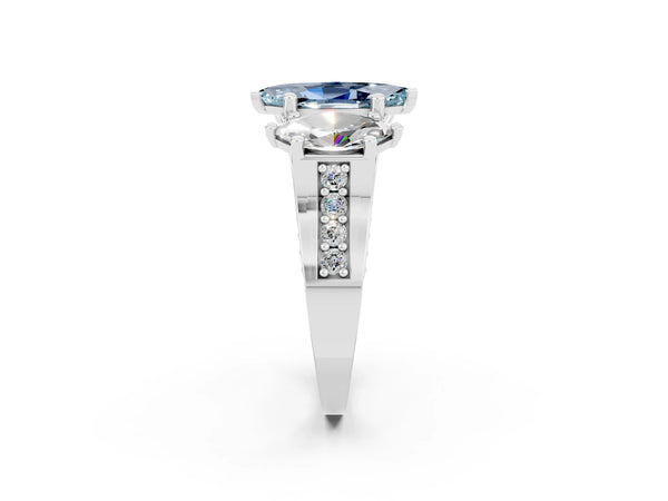 Platinum Marquise Cut Aquamarine Three-Stone Ring with Channel Set Band and Four-Prong Setting