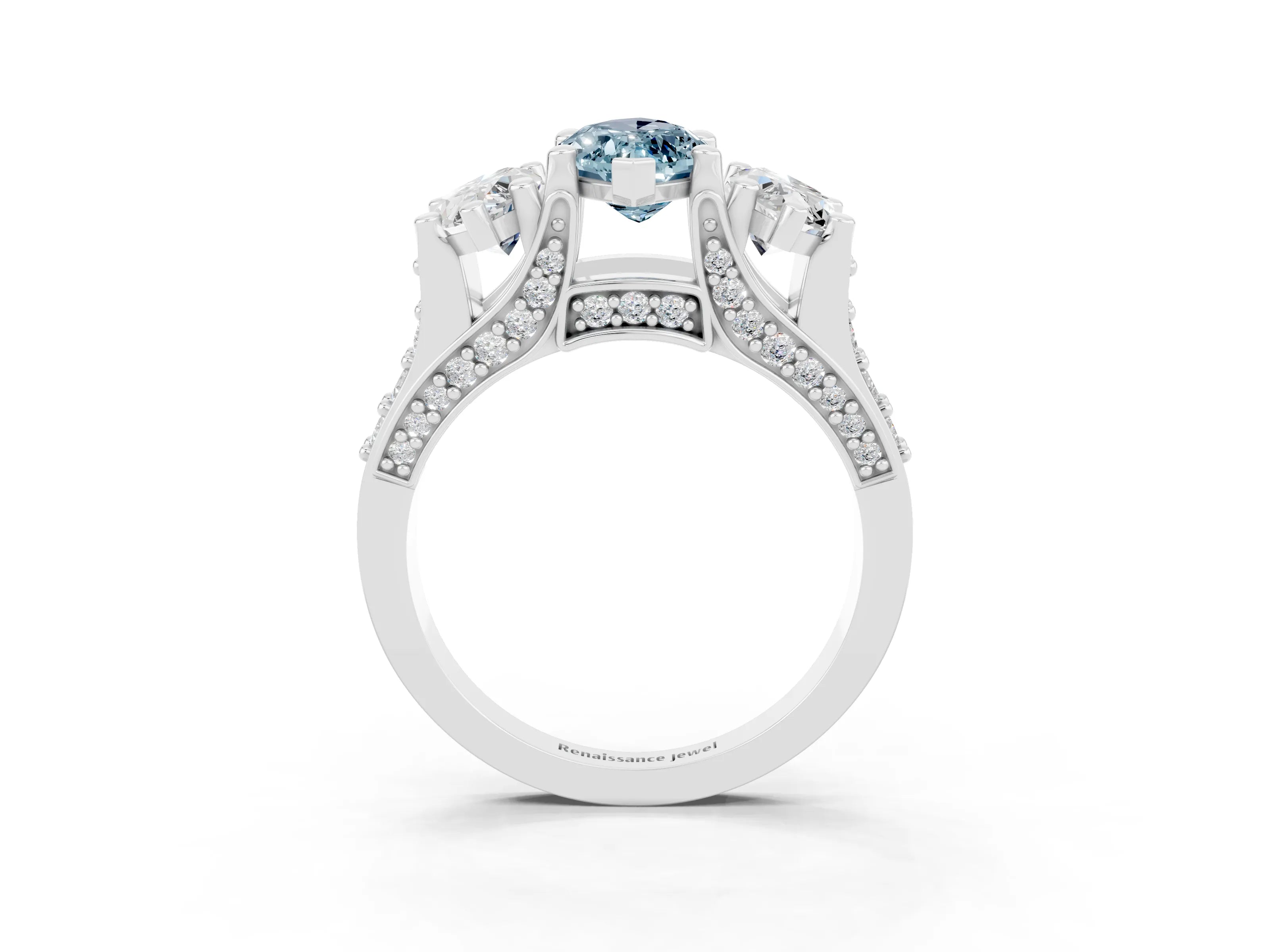 White gold Marquise Cut Aquamarine Three-Stone Ring with Channel Set Band and Four-Prong Setting_3