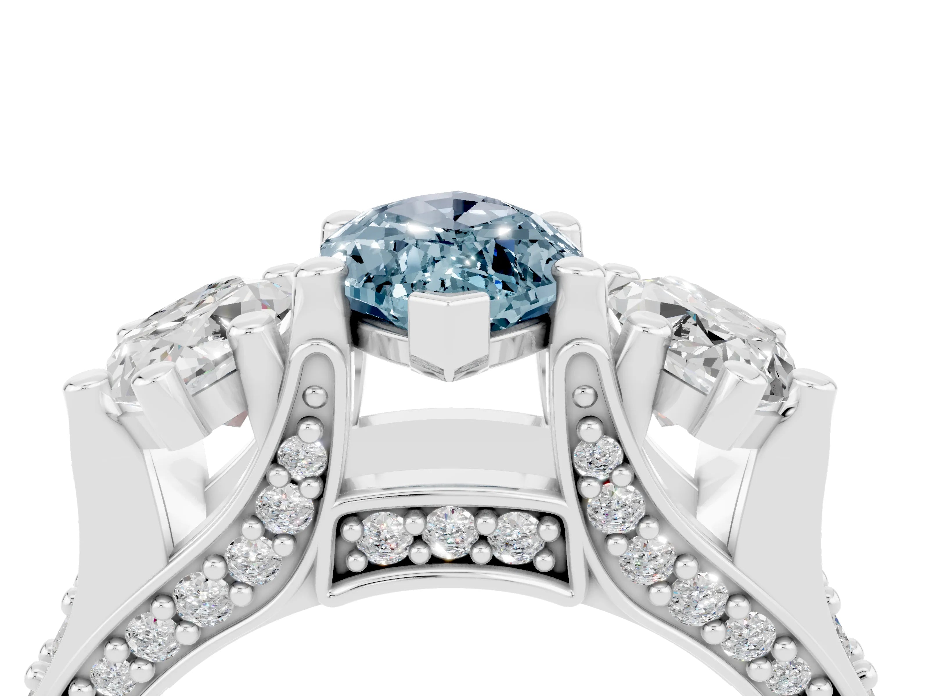 White gold Marquise Cut Aquamarine Three-Stone Ring with Channel Set Band and Four-Prong Setting_4