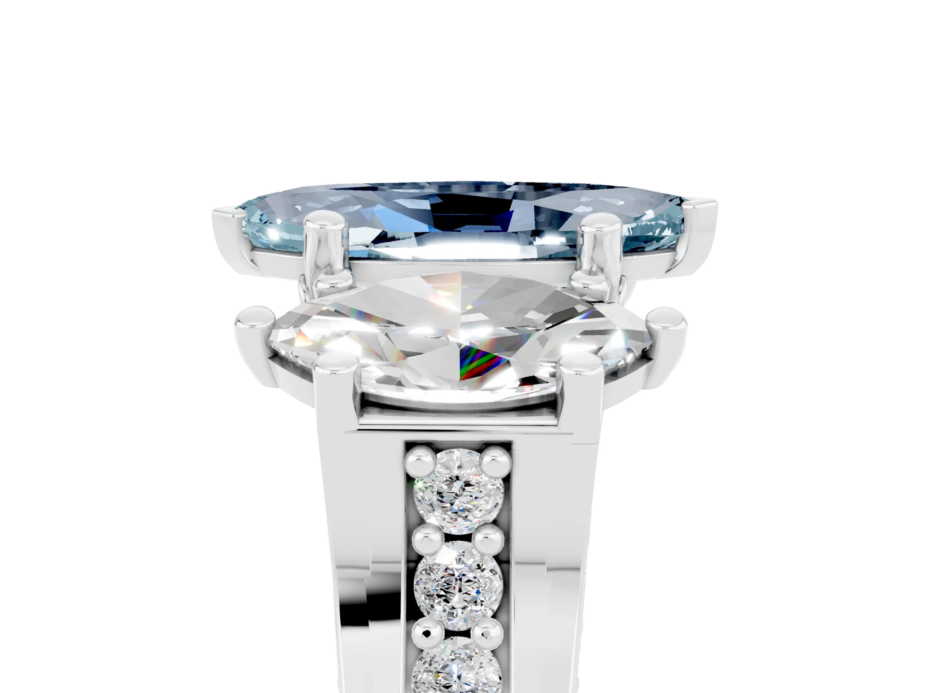 White gold Marquise Cut Aquamarine Three-Stone Ring with Channel Set Band and Four-Prong Setting_5