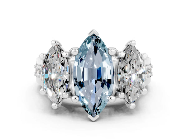 Silver Marquise Cut Aquamarine Three-Stone Ring with Channel Set Band and Four-Prong Setting