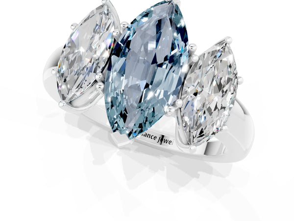 Silver Marquise Cut Aquamarine Three-Stone Ring with Four-Prong Setting and Classic Band