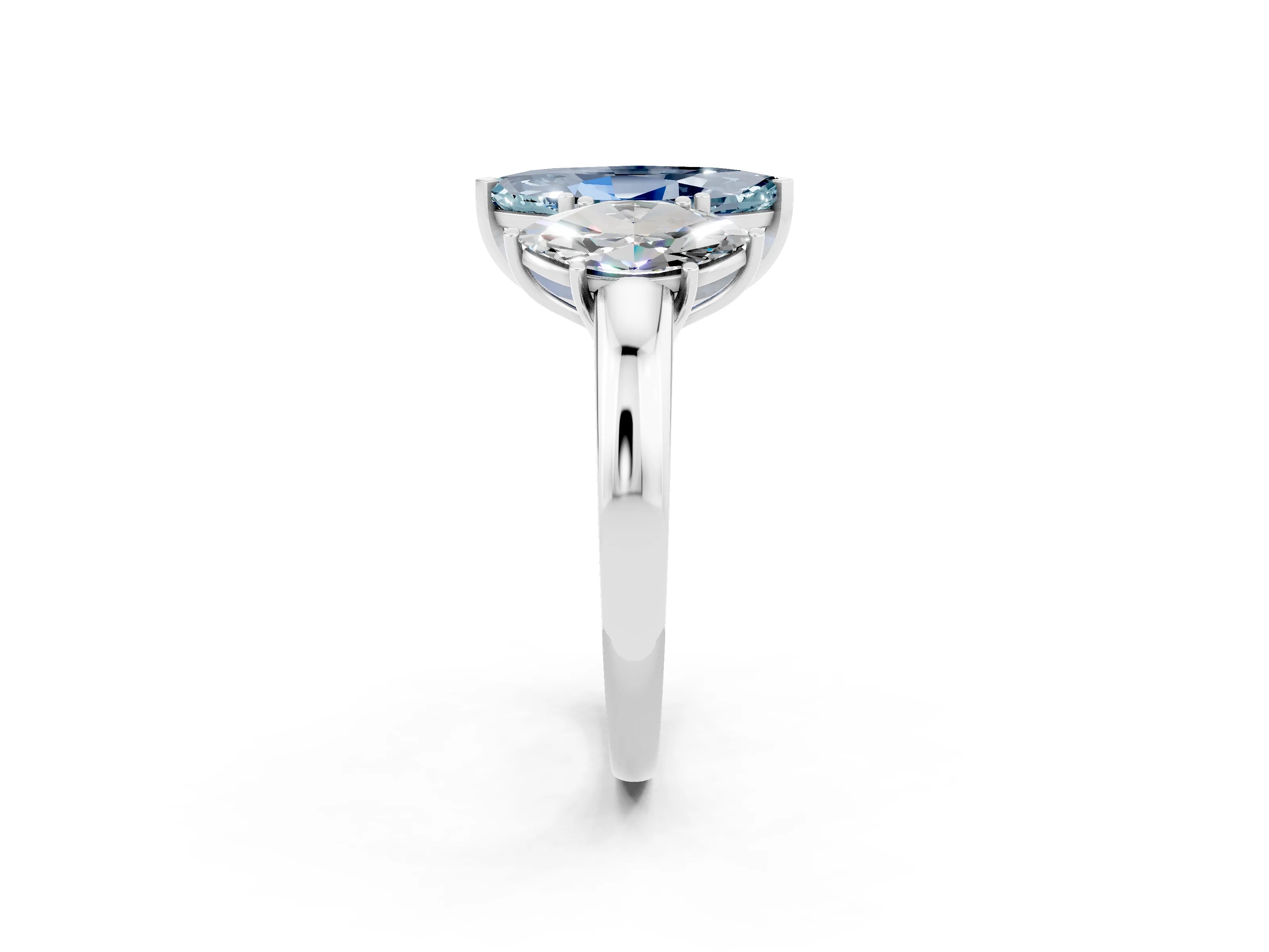 White gold Marquise Cut Aquamarine Three-Stone Ring with Four-Prong Setting and Classic Band_2