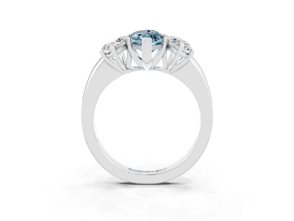 Platinum Marquise Cut Aquamarine Three-Stone Ring with Four-Prong Setting and Classic Band