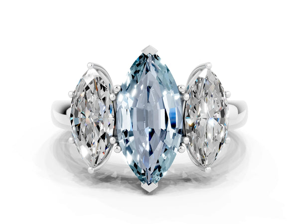 White gold Marquise Cut Aquamarine Three-Stone Ring with Four-Prong Setting and Classic Band