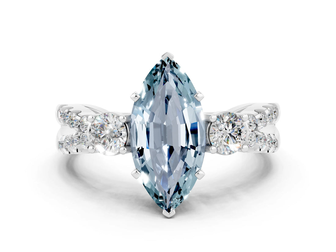 White gold Marquise Cut Aquamarine Three-Stone Ring with Pavé Split Shank and Four-Prong Setting_12