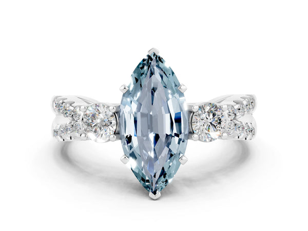 Platinum Marquise Cut Aquamarine Three-Stone Ring with Pavé Split Shank and Four-Prong Setting