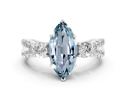 White gold Marquise Cut Aquamarine Three-Stone Ring with Pavé Split Shank and Four-Prong Setting_12