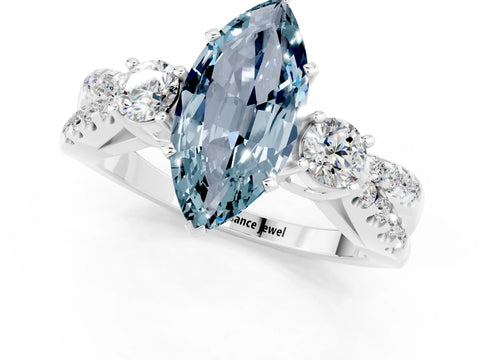 White gold Marquise Cut Aquamarine Three-Stone Ring with Pavé Split Shank and Four-Prong Setting_13