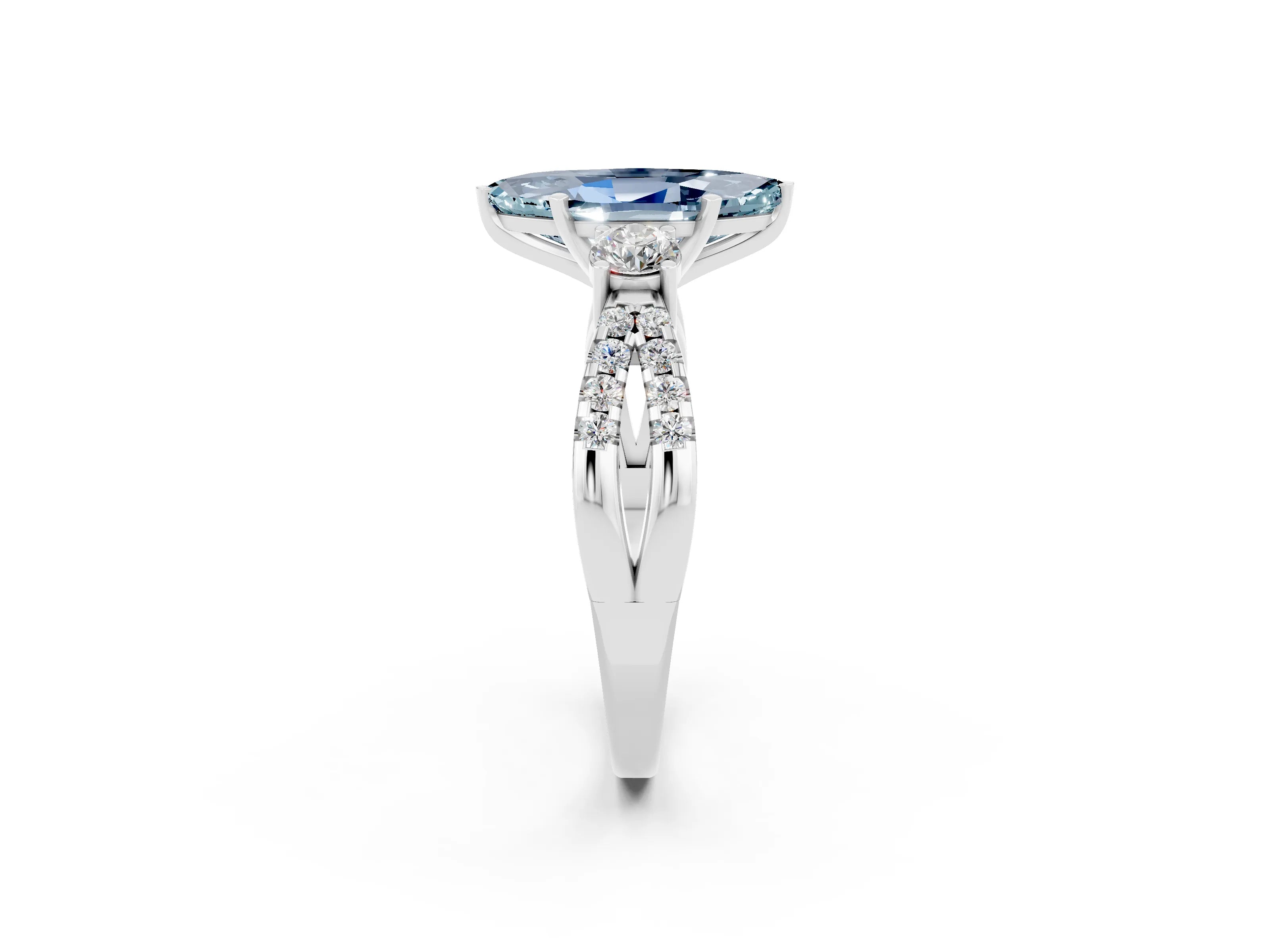 White gold Marquise Cut Aquamarine Three-Stone Ring with Pavé Split Shank and Four-Prong Setting_14