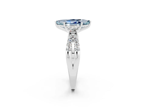 White gold Marquise Cut Aquamarine Three-Stone Ring with Pavé Split Shank and Four-Prong Setting_14