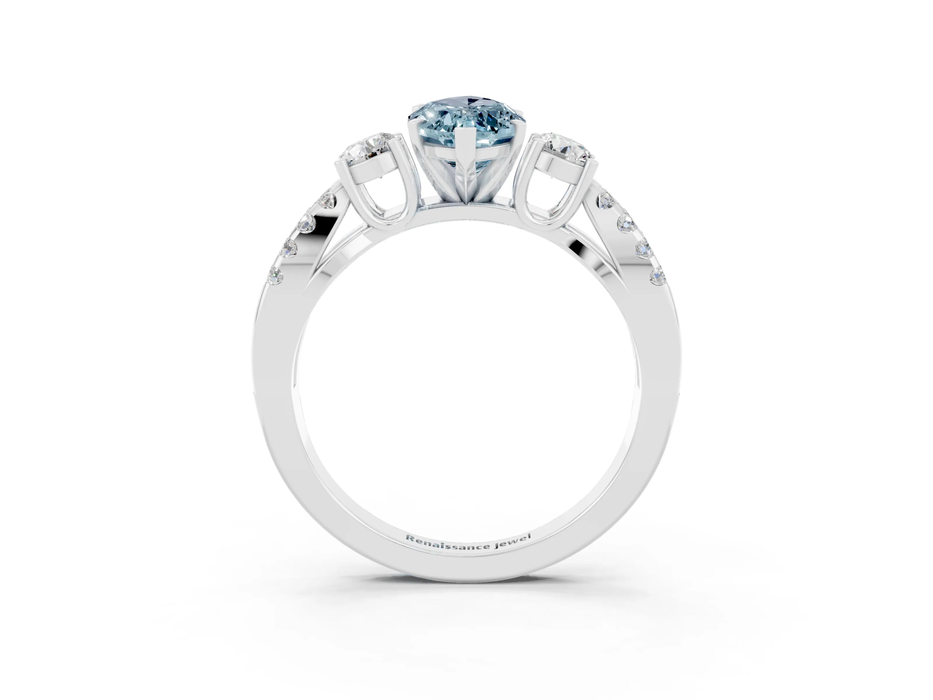 White gold Marquise Cut Aquamarine Three-Stone Ring with Pavé Split Shank and Four-Prong Setting_15