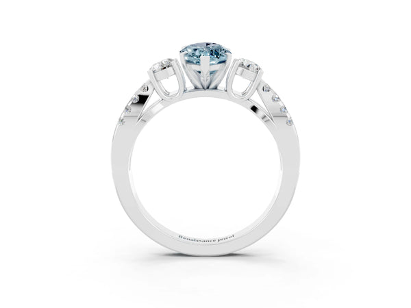 Platinum Marquise Cut Aquamarine Three-Stone Ring with Pavé Split Shank and Four-Prong Setting