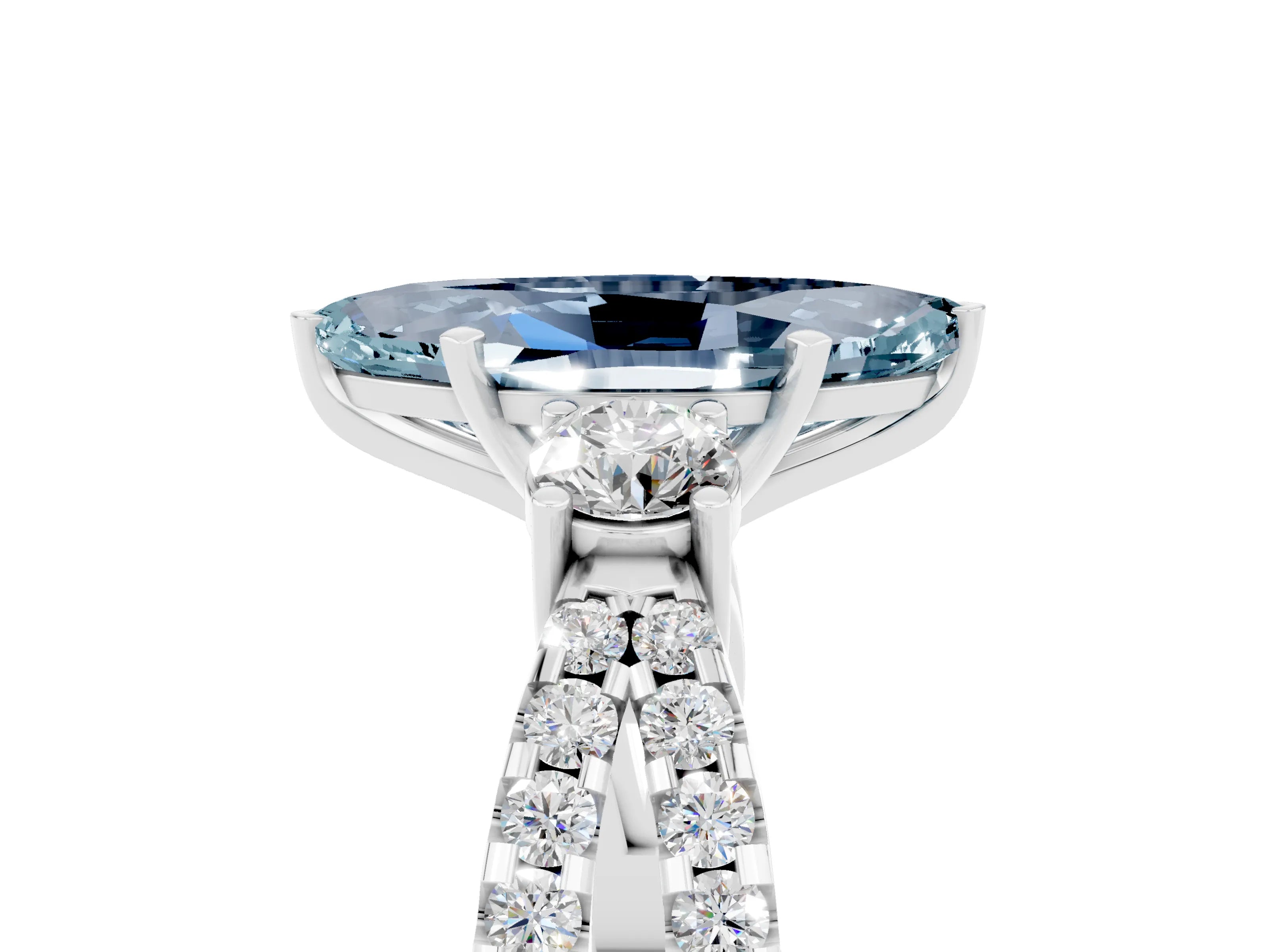 White gold Marquise Cut Aquamarine Three-Stone Ring with Pavé Split Shank and Four-Prong Setting_17