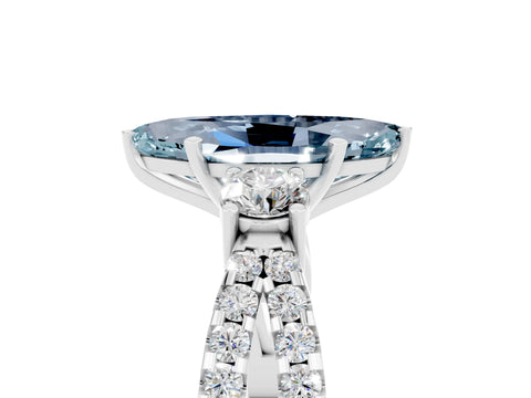 White gold Marquise Cut Aquamarine Three-Stone Ring with Pavé Split Shank and Four-Prong Setting_17