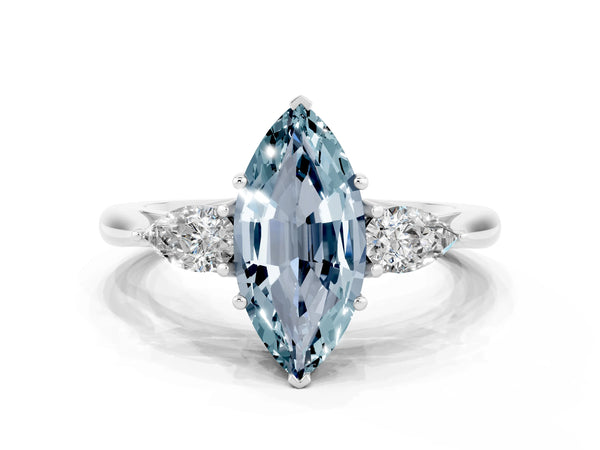 Platinum Marquise Cut Aquamarine Three-Stone Ring with Pear  Side Stones and Prong Setting