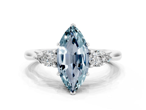 White gold Marquise Cut Aquamarine Three-Stone Ring with Pear Side Stones and Four-Prong Setting_12