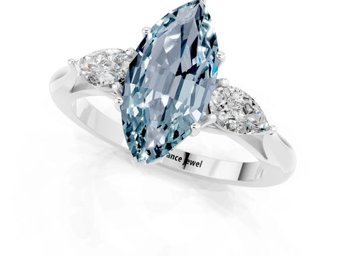 White gold Marquise Cut Aquamarine Three-Stone Ring with Pear Side Stones and Four-Prong Setting_13