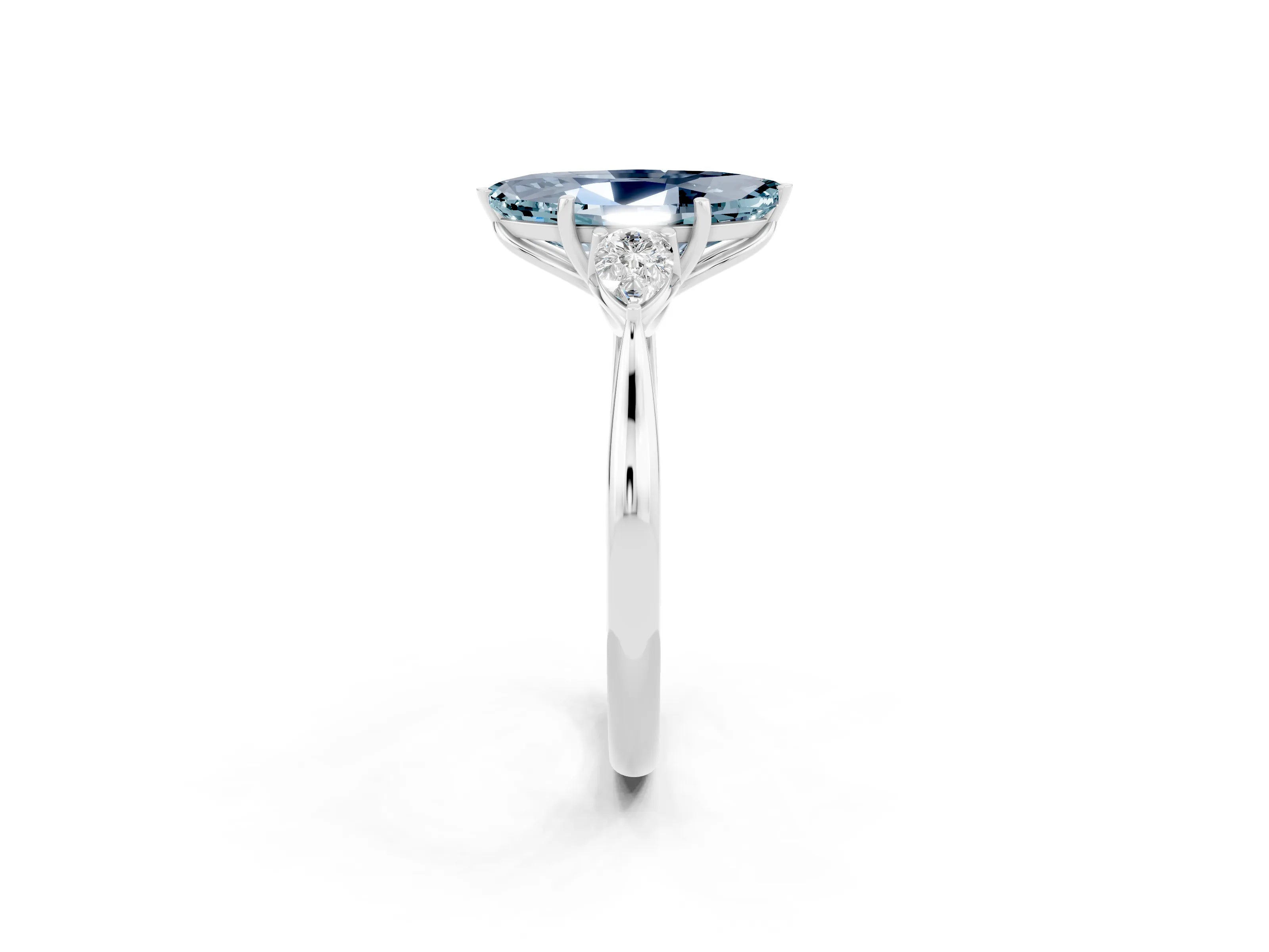 White gold Marquise Cut Aquamarine Three-Stone Ring with Pear Side Stones and Four-Prong Setting_14