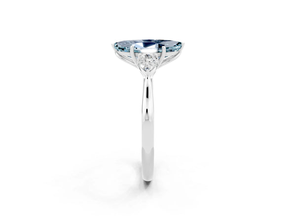 Silver Marquise Cut Aquamarine Three-Stone Ring with Pear  Side Stones and Prong Setting