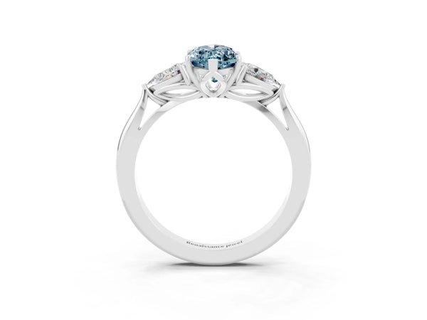 Silver Marquise Cut Aquamarine Three-Stone Ring with Pear  Side Stones and Prong Setting
