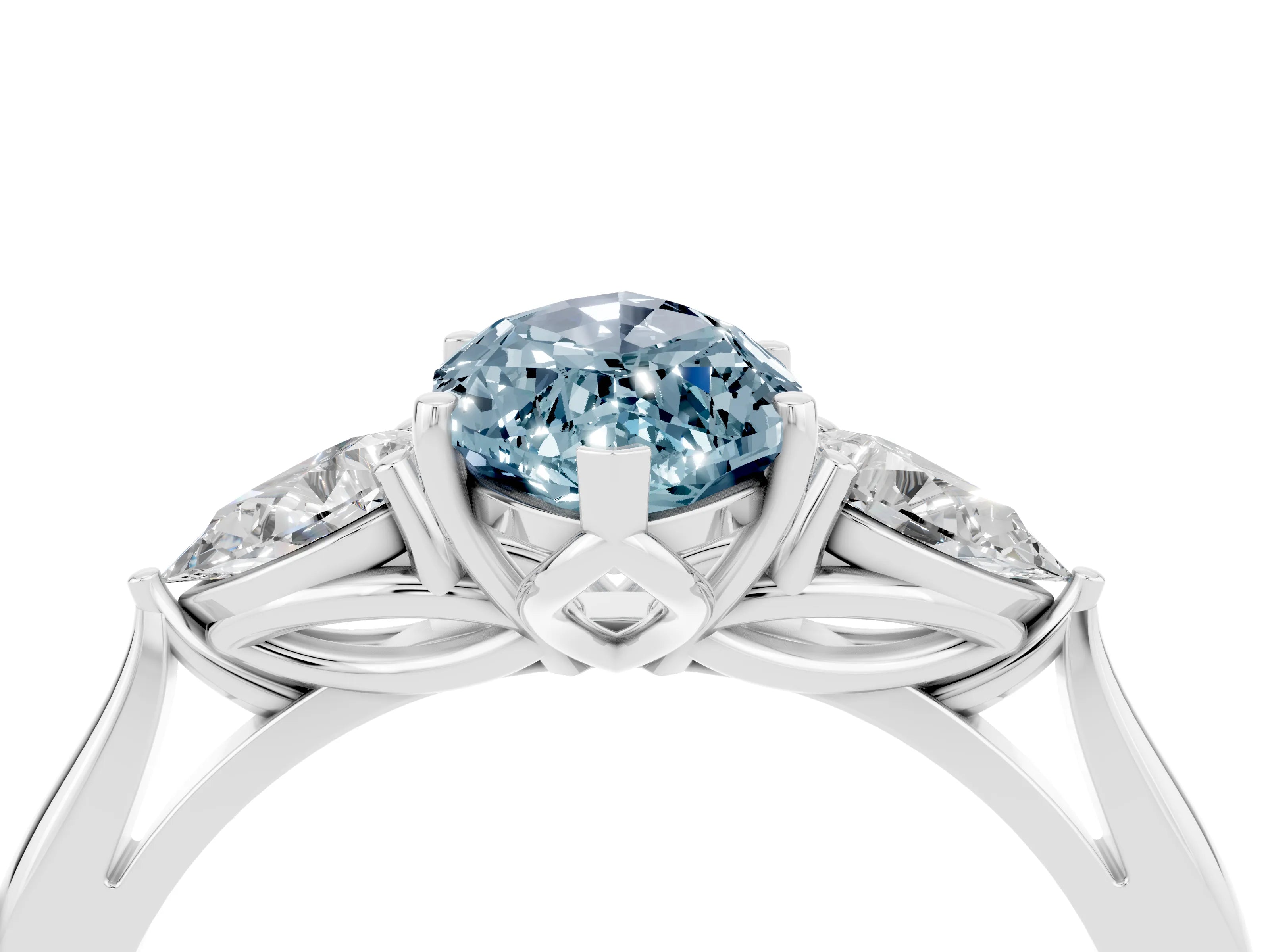 White gold Marquise Cut Aquamarine Three-Stone Ring with Pear Side Stones and Four-Prong Setting_16