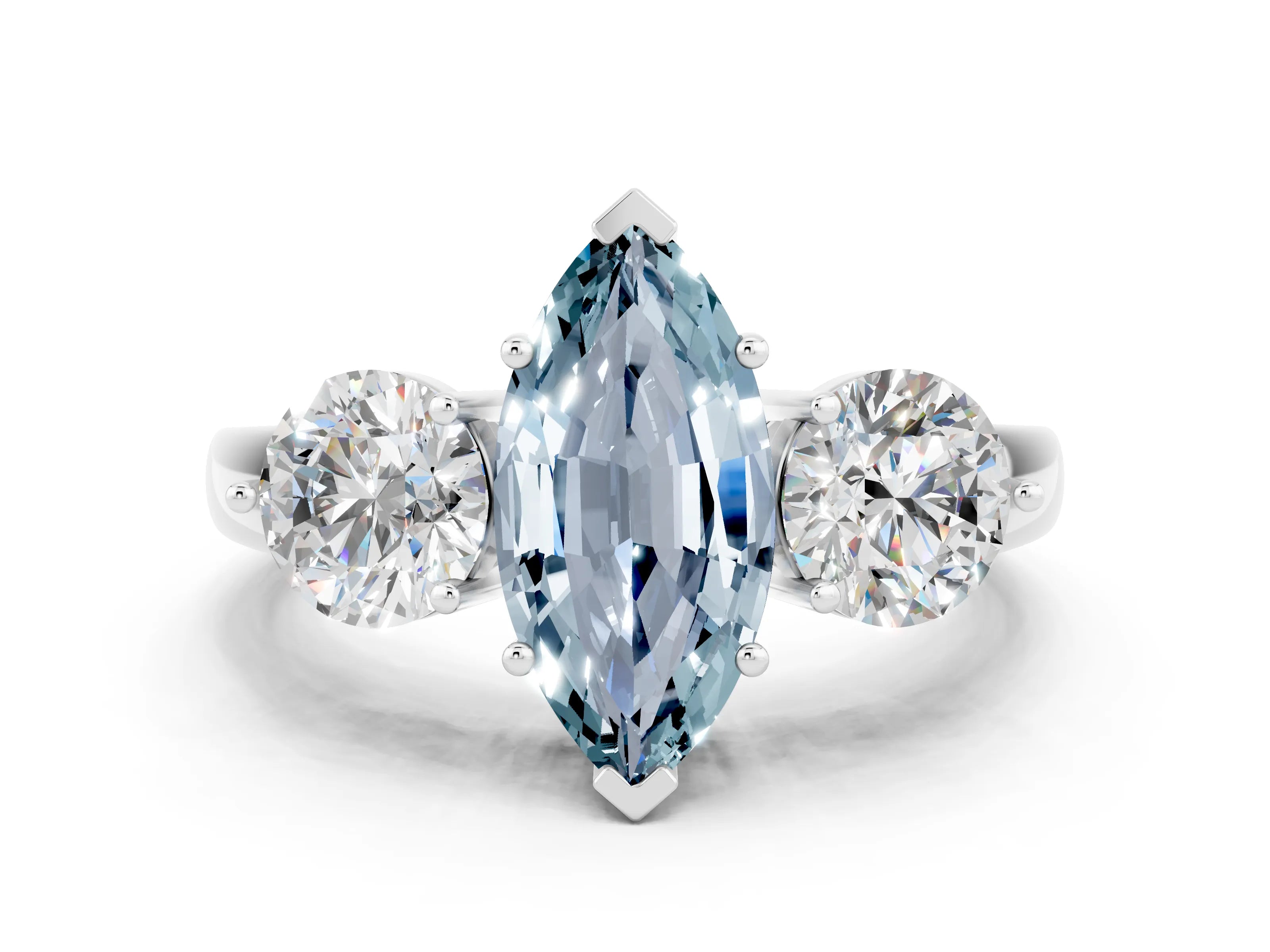 White gold Marquise Cut Aquamarine Three-Stone Ring with Prong Setting and Classic Band