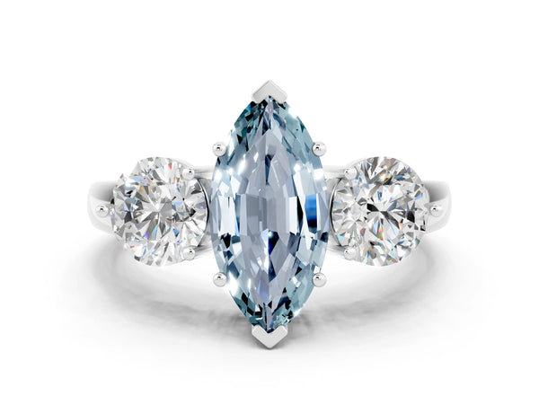 Platinum Marquise Cut Aquamarine Three-Stone Ring with Prong Setting and Classic Band