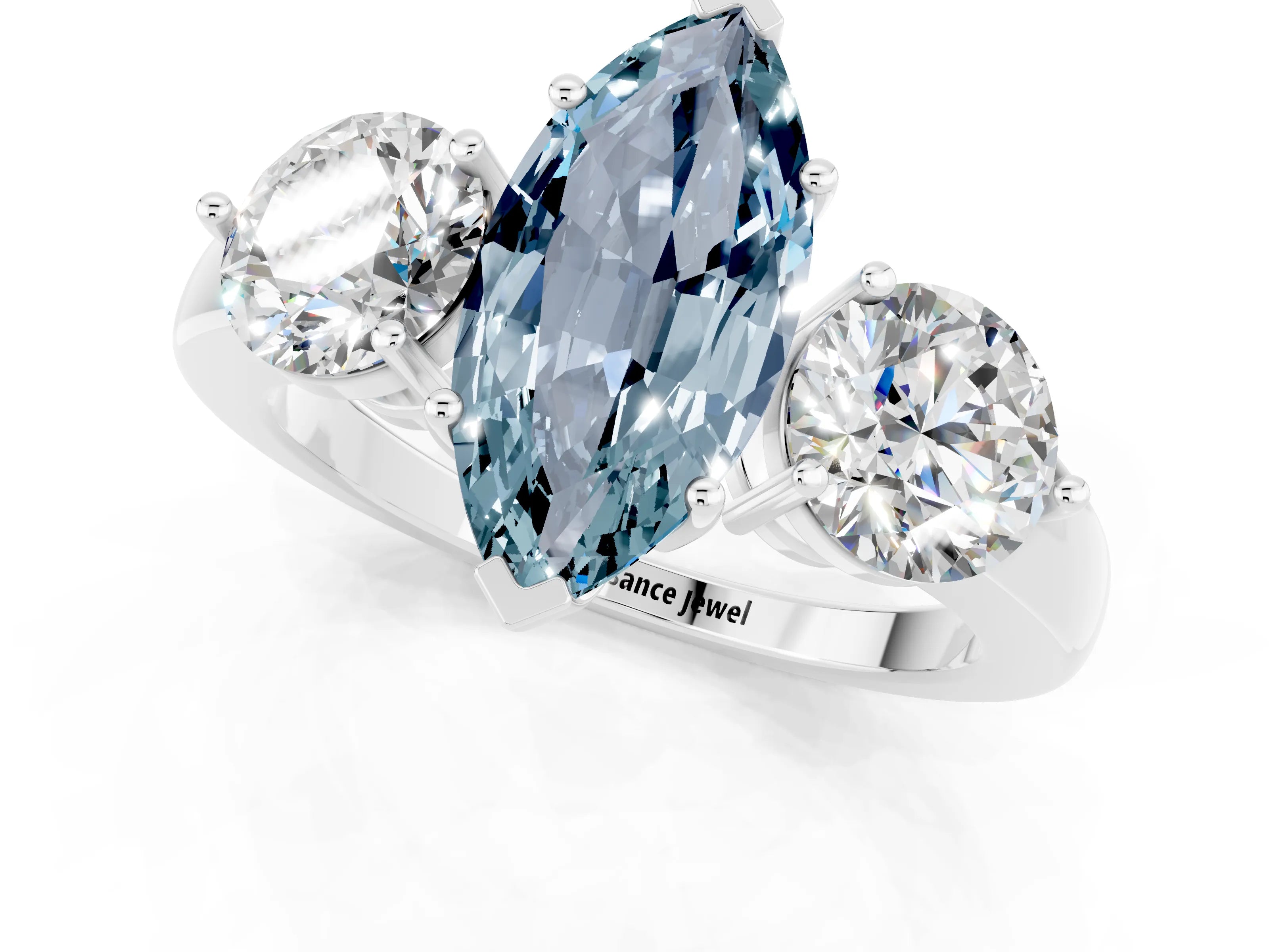 White gold Marquise Cut Aquamarine Three-Stone Ring with Prong Setting and Classic Band_1