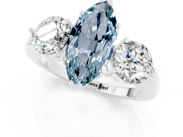 Silver Marquise Cut Aquamarine Three-Stone Ring with Prong Setting and Classic Band