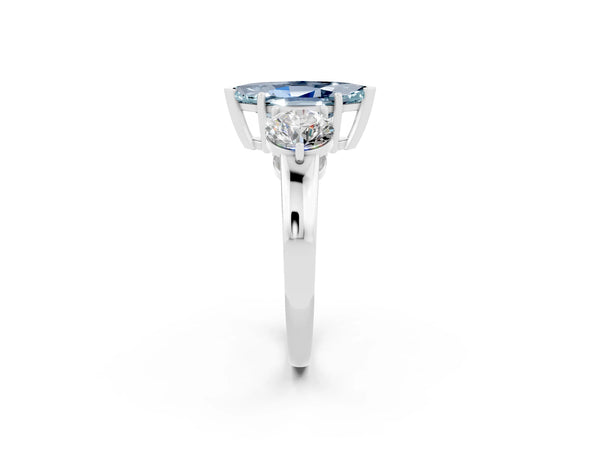 Platinum Marquise Cut Aquamarine Three-Stone Ring with Prong Setting and Classic Band