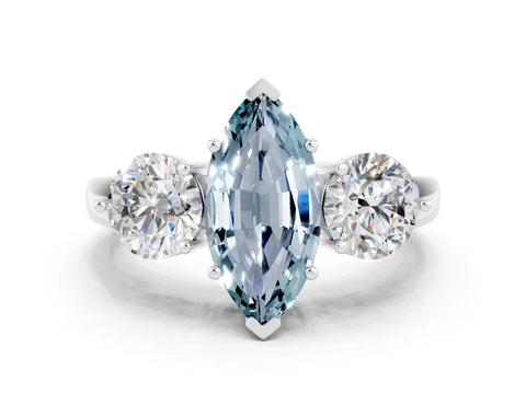 White gold Marquise Cut Aquamarine Three-Stone Ring with Prong Setting and Classic Band