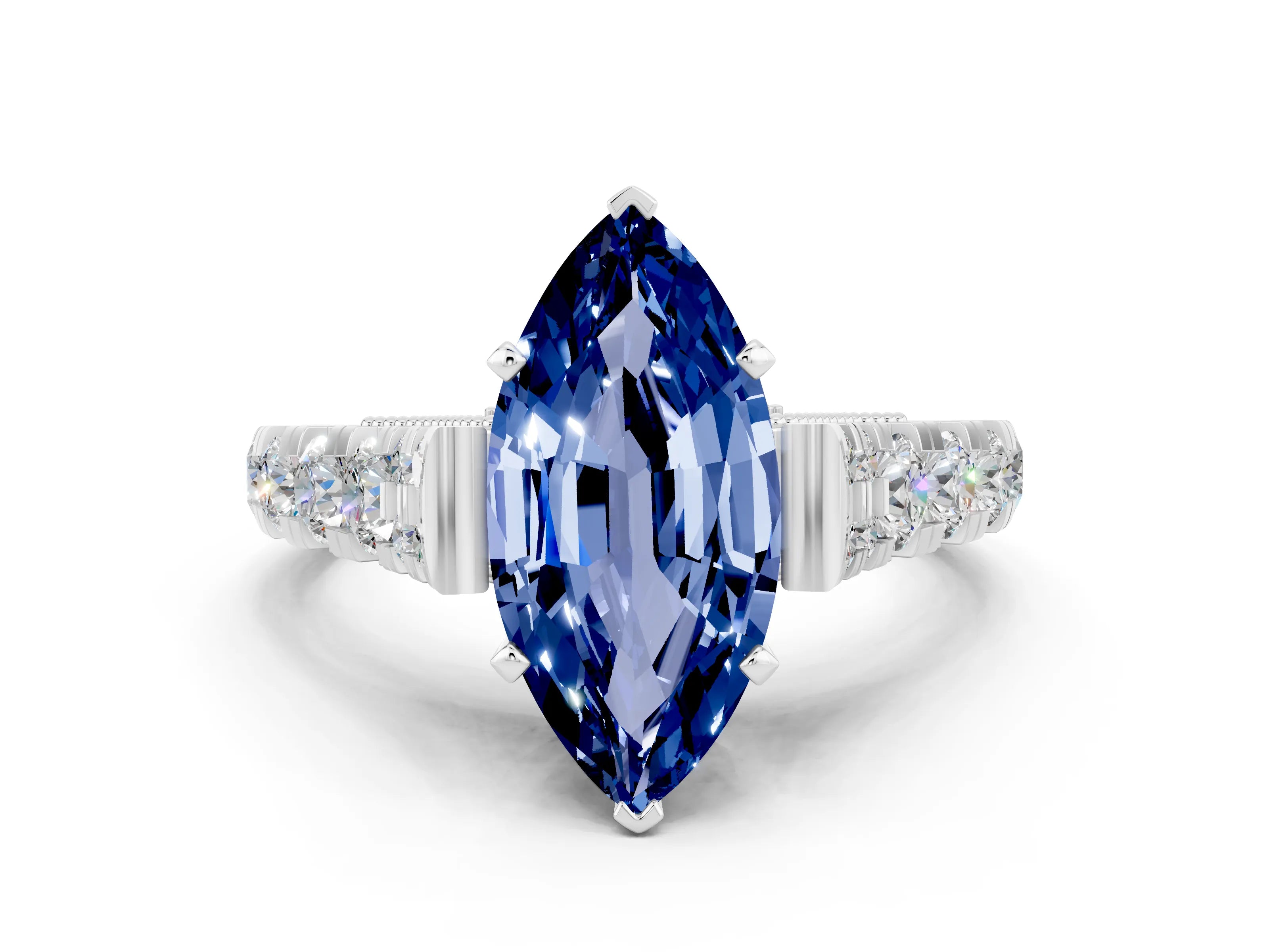 White gold Marquise Cut Blue Sapphire Classic Solitaire Ring with Pavé Band and Four-Prong Setting