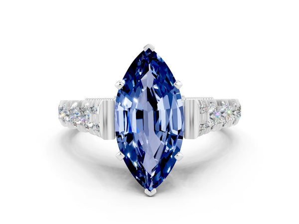 Platinum Marquise Cut Blue Sapphire Classic Solitaire Ring with Pavé Band and Four-Prong Setting