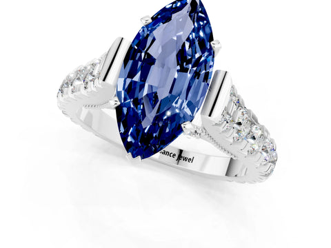 White gold Marquise Cut Blue Sapphire Classic Solitaire Ring with Pavé Band and Four-Prong Setting_1