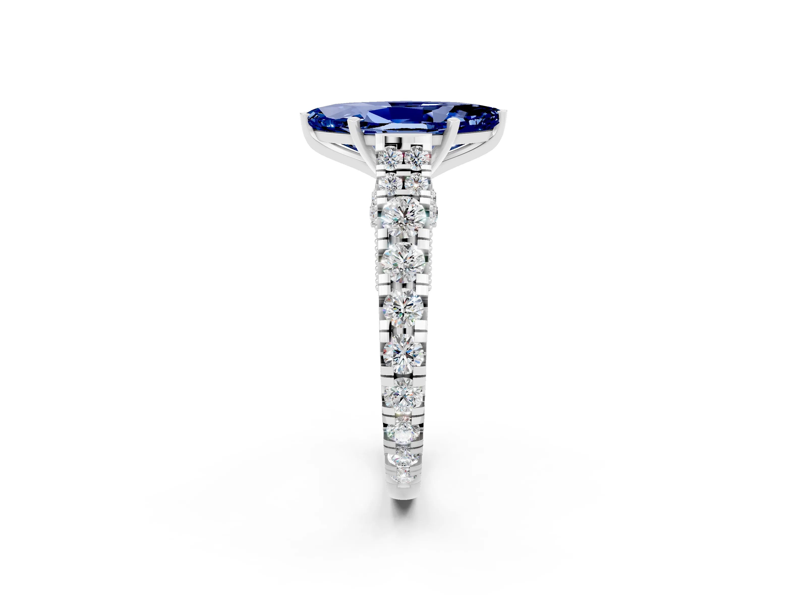 White gold Marquise Cut Blue Sapphire Classic Solitaire Ring with Pavé Band and Four-Prong Setting_2