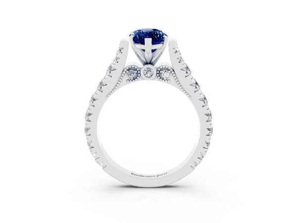 Platinum Marquise Cut Blue Sapphire Classic Solitaire Ring with Pavé Band and Four-Prong Setting