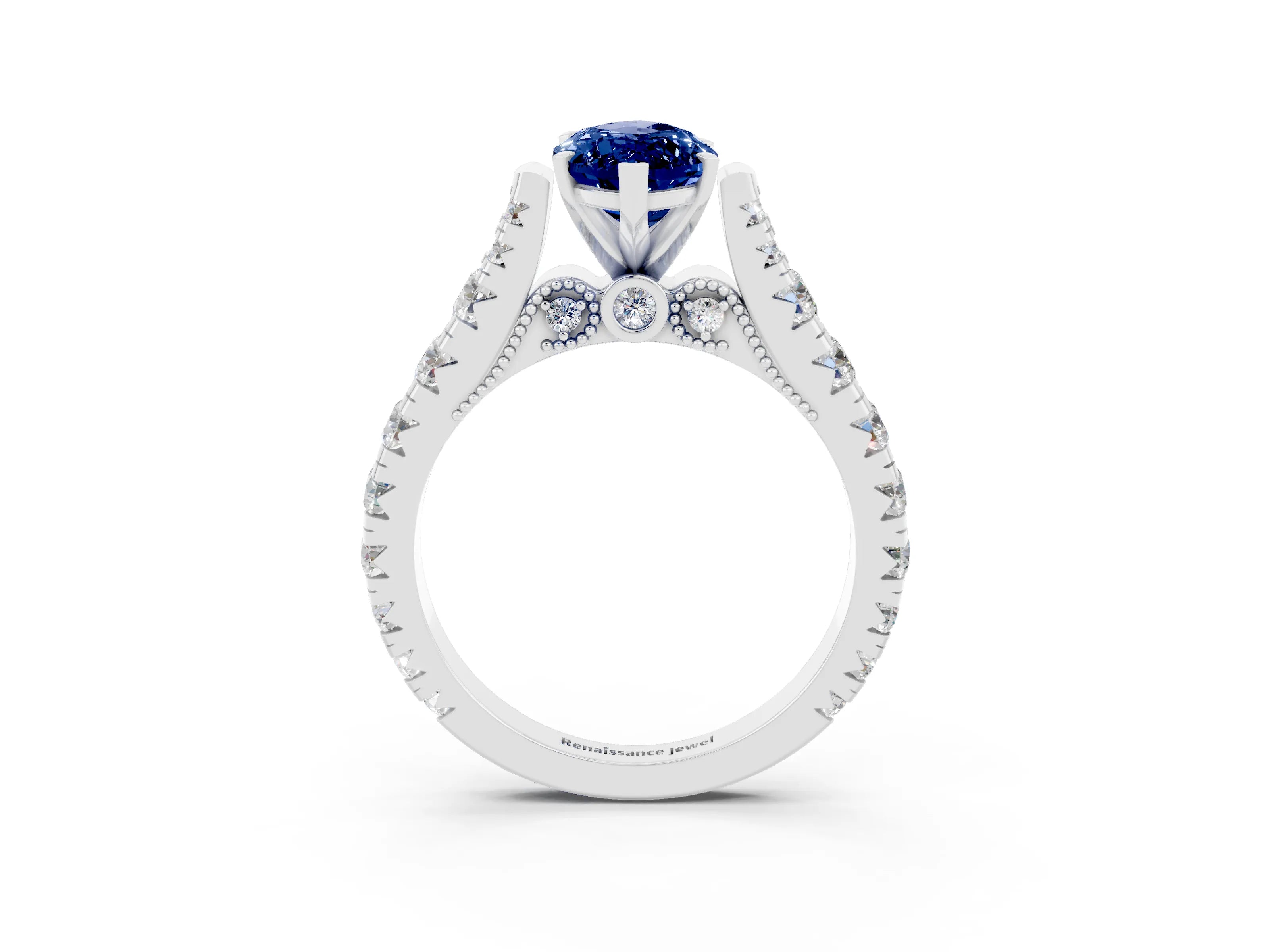 White gold Marquise Cut Blue Sapphire Classic Solitaire Ring with Pavé Band and Four-Prong Setting_3
